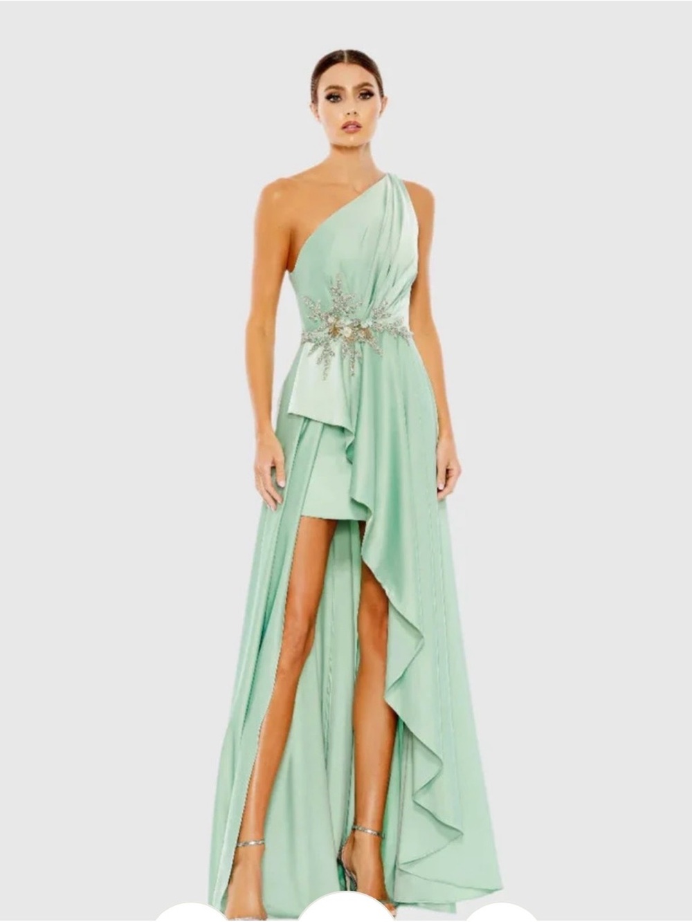 Mac Duggal One-Shoulder Mint Green High-Low Evening Gown with Embellished Waist